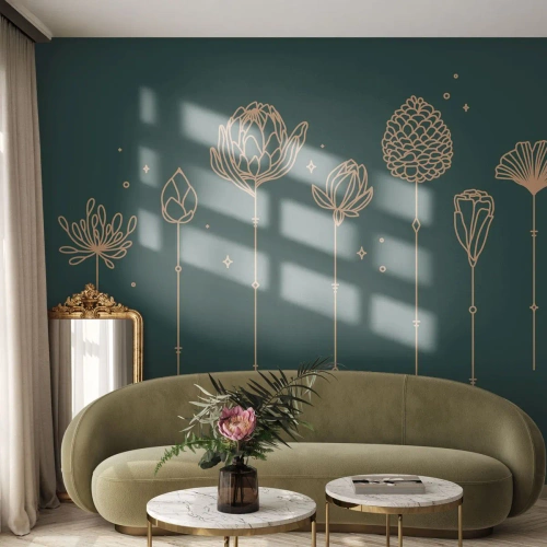 Tapet Standard Eco - Ierburi aurii pe un fundal verde închis, într-un stil liniar. - 100x70cm - Familia IERBEscu - Decorațiune modernă pentru perete pentru living și dormitor ARTTOR