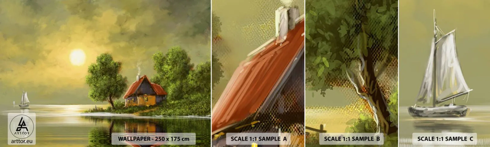 Mostră de Tapet Standard Eco - Frumos, ca dintr-o imagine - Peisaj, Casa la tara, Barcă cu pânze - 100x30 cm