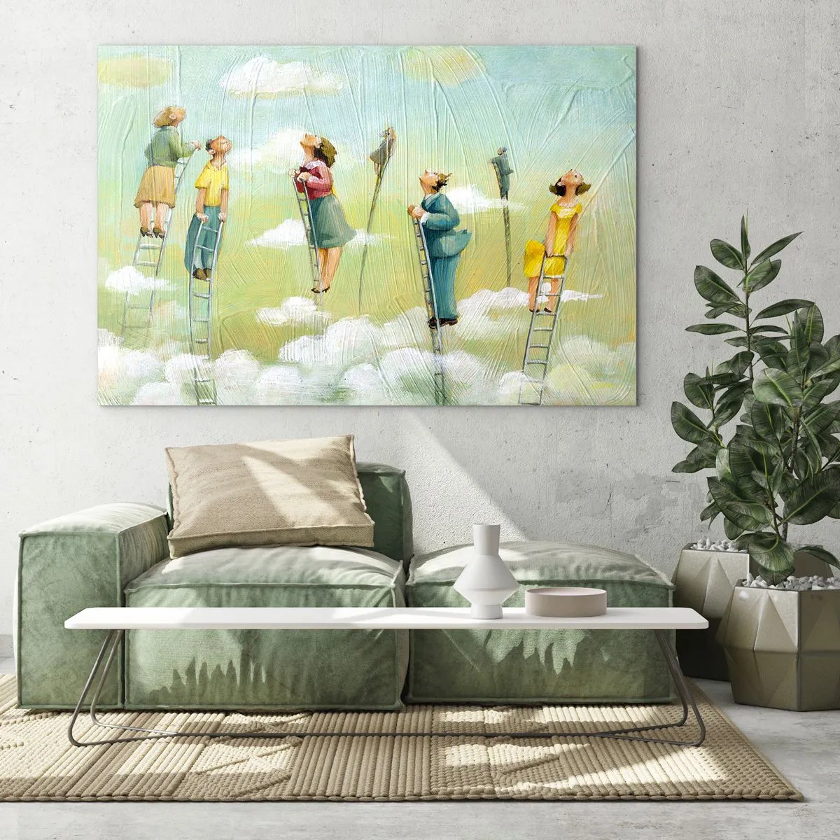 Tablou pe sticlă - Figuri urcând scări printre nori - 70x50cm - Urmează-ți visul - Decorațiune modernă pentru perete pentru living și dormitor ARTTOR