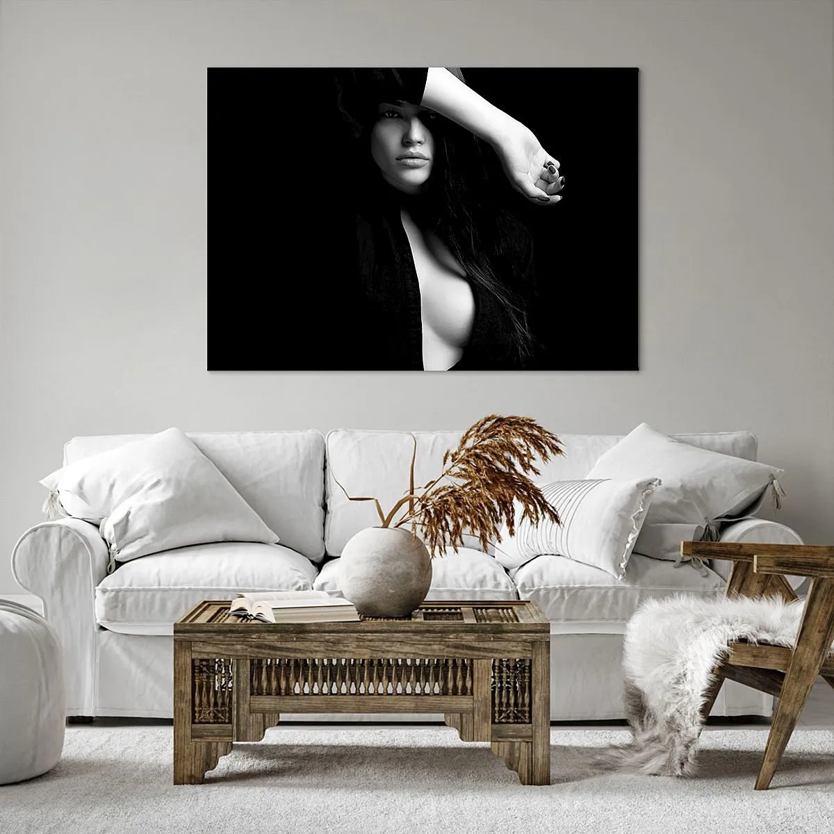 Tablou pe pânză Canvas - Portret elegant al unei femei în alb și negru - 70x50cm - Școala de seducție - Decorațiune modernă pentru perete pentru living și dormitor ARTTOR
