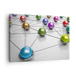 Tablou pe pânză Canvas - Bile colorate conectate prin linii subțiri pe un fundal alb - 70x50cm - Pânza cosmică de păianjen - Decorațiune modernă pentru perete pentru living și dormitor ARTTOR