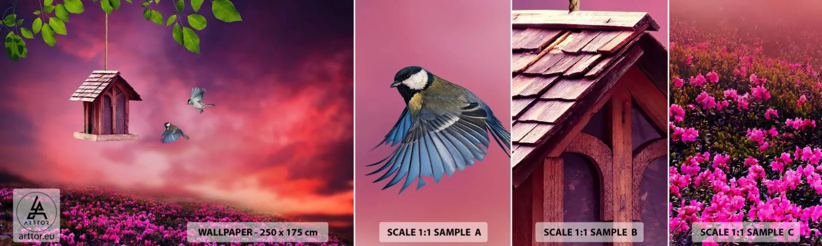 Mostră tapet autocolant Deluxe Sticker - Invitație la cină - Peisaj, Flori, Colivie - 100x30 cm