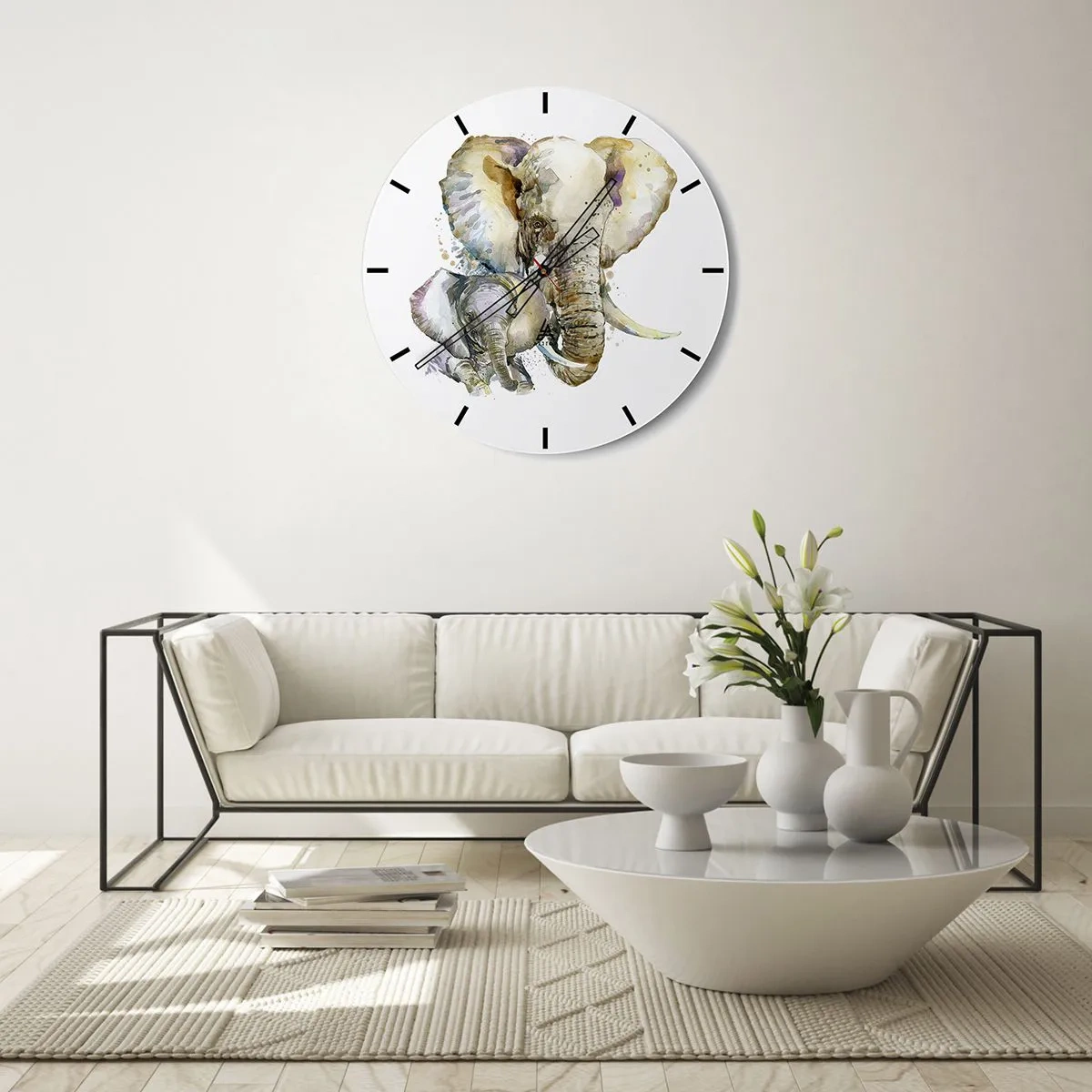 Ceas de perete - Ceas pe sticlă - Un elefant cu un pui în stil acuarelă - 30x30cm - Ca la mama - Decorațiune modernă pentru perete pentru living, bucătărie și dormitor ARTTOR
