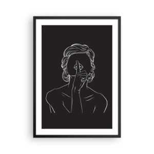 Poster în ramă neagră - O ilustrație minimalistă a unei femei care face un gest de tăcere pe un fundal negru. - 50x70cm - Frumusețea înflorește în tăcere - Decorațiune modernă pentru perete pentru living și dormitor ARTTOR