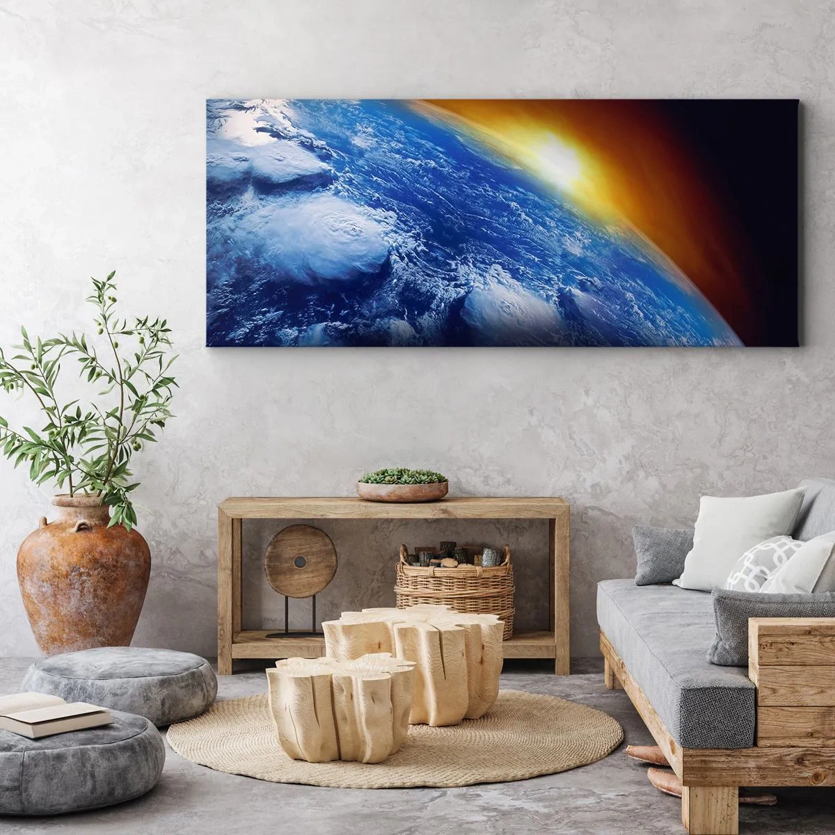 Tablou pe pânză - Răsărit de soare deasupra planetei albastre - 160x50 cm