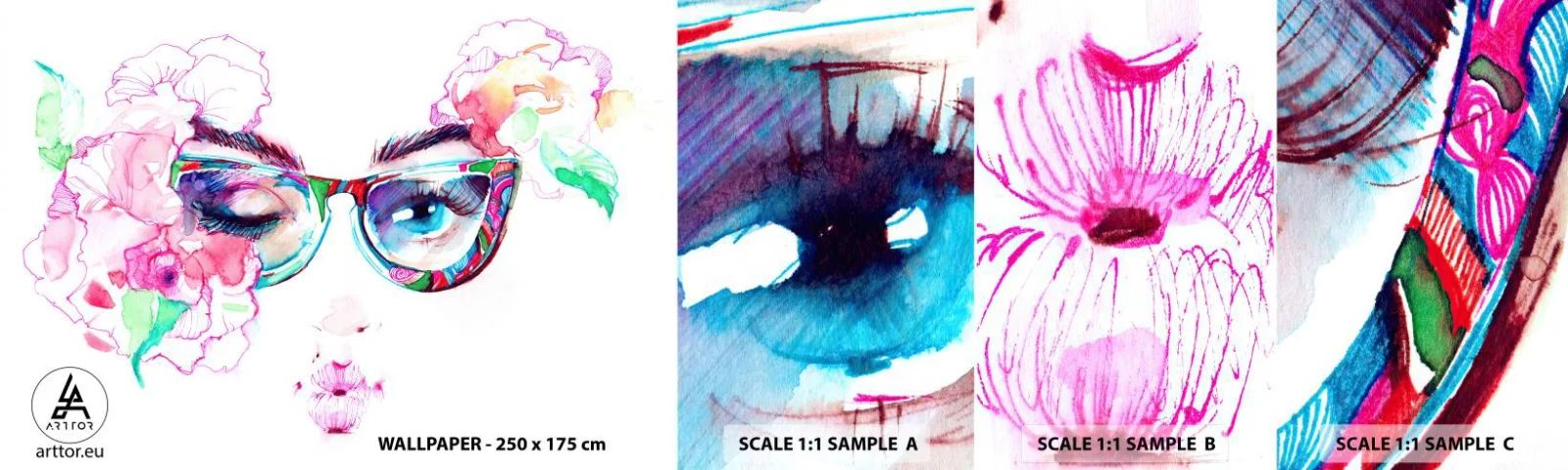 Mostră de Tapet Standard Eco - O promisiune ispititoare - Abstracția, Ochi de femeie, Ochelari - 100x30 cm