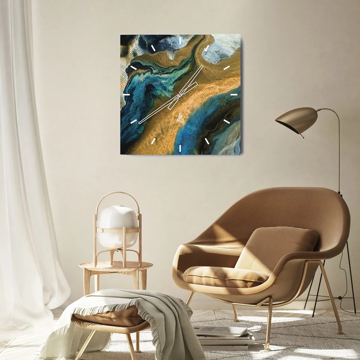 Ceas de perete - Ceas pe sticlă - Albastru - galben - influență reciprocă - 40x40 cm