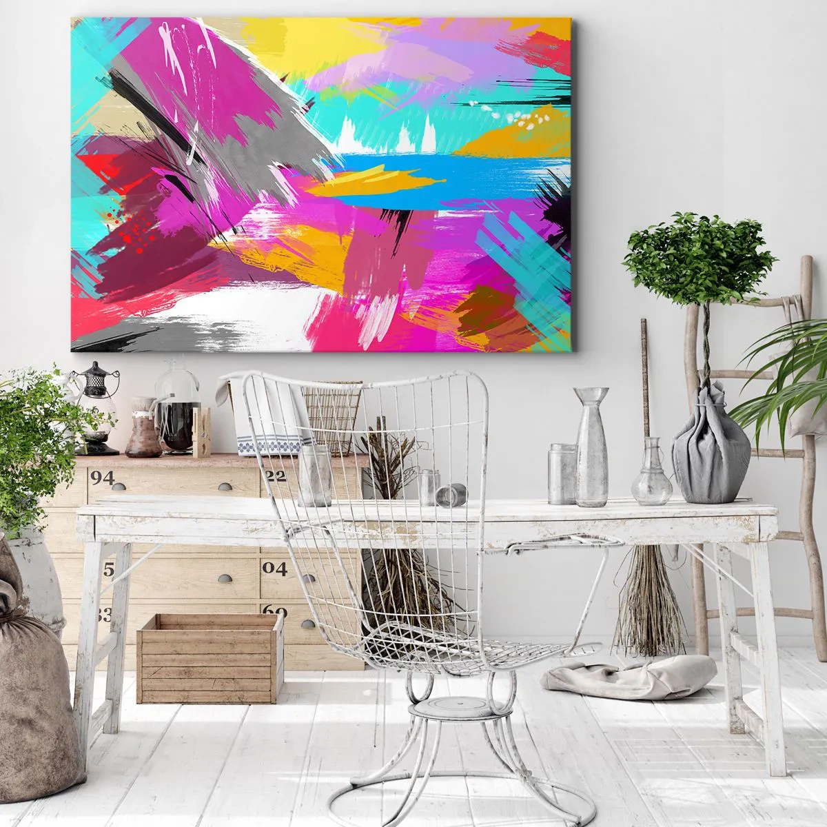 Tablou pe pânză Canvas - Abstracție dinamică în culori intense - 70x50cm - Mâzgălituri cu pensula - Decorațiune modernă pentru perete pentru living și dormitor ARTTOR