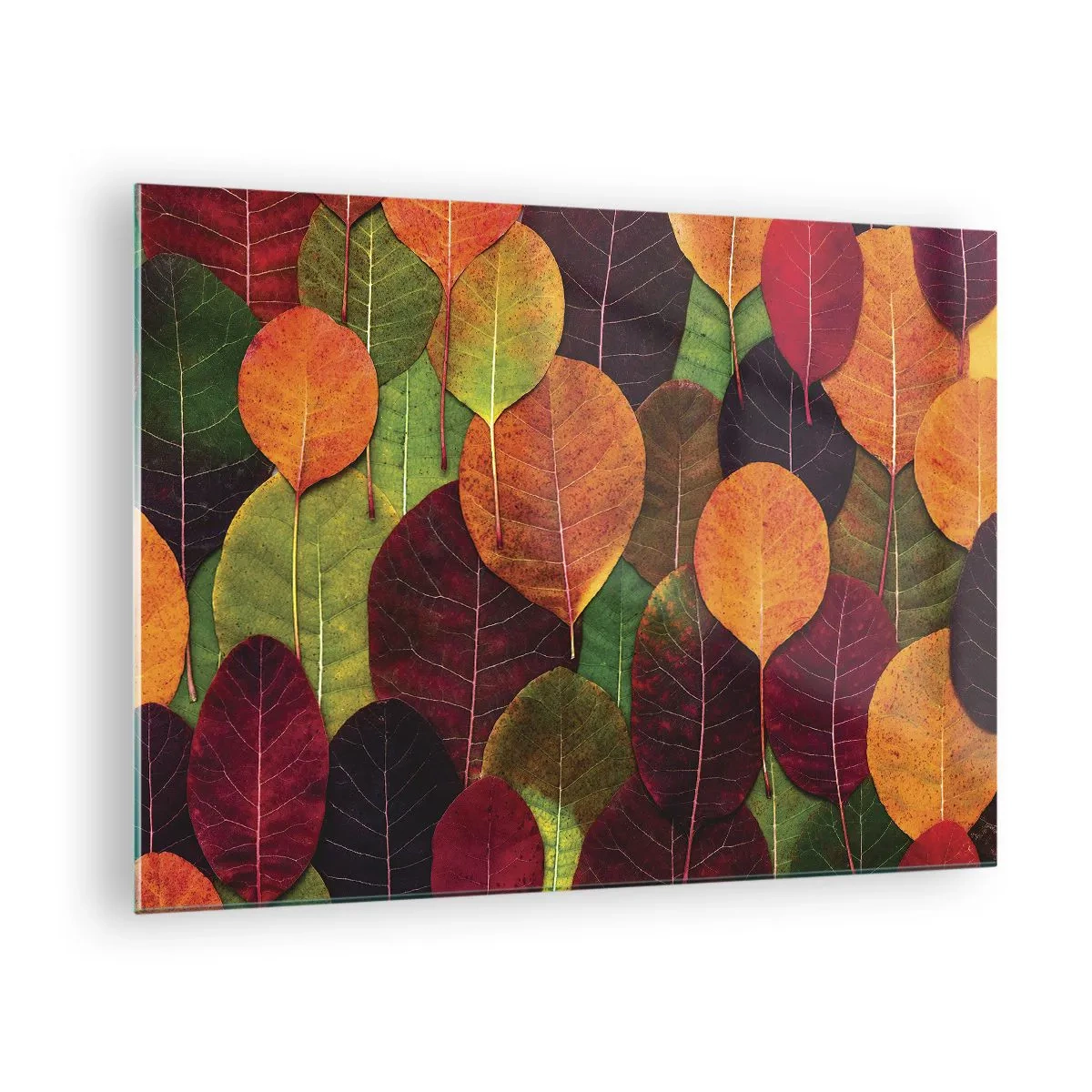 Tablou pe sticlă - Frunze colorate de toamnă într-un aranjament artistic - 70x50cm - Mozaic de toamnă - Decorațiune modernă pentru perete pentru living și dormitor ARTTOR