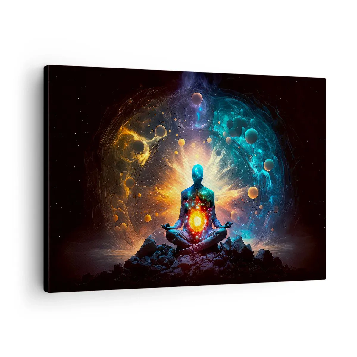 Tablou pe pânză Canvas - O figură în meditație înconjurată de o aură cosmică - 70x50cm - Liniște cosmică - Decorațiune modernă pentru perete pentru living și dormitor ARTTOR