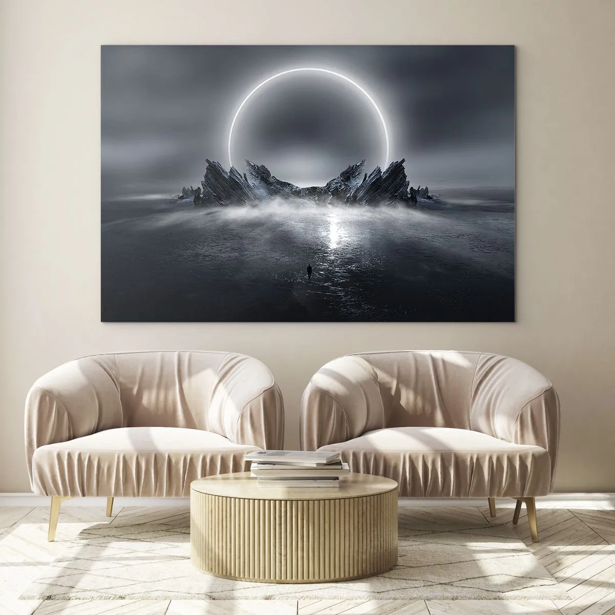 Tablou pe sticlă - Scenă întunecată cu eclipsă și insulă stâncoasă - 70x50cm - Final de poveste - Decorațiune modernă pentru perete pentru living și dormitor ARTTOR