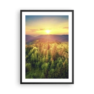 Poster în ramă neagră - Apus de soare peste o pădure muntoasă plină de verdeață - 50x70cm - Vârfuri și culmi - Decorațiune modernă pentru perete pentru living și dormitor ARTTOR