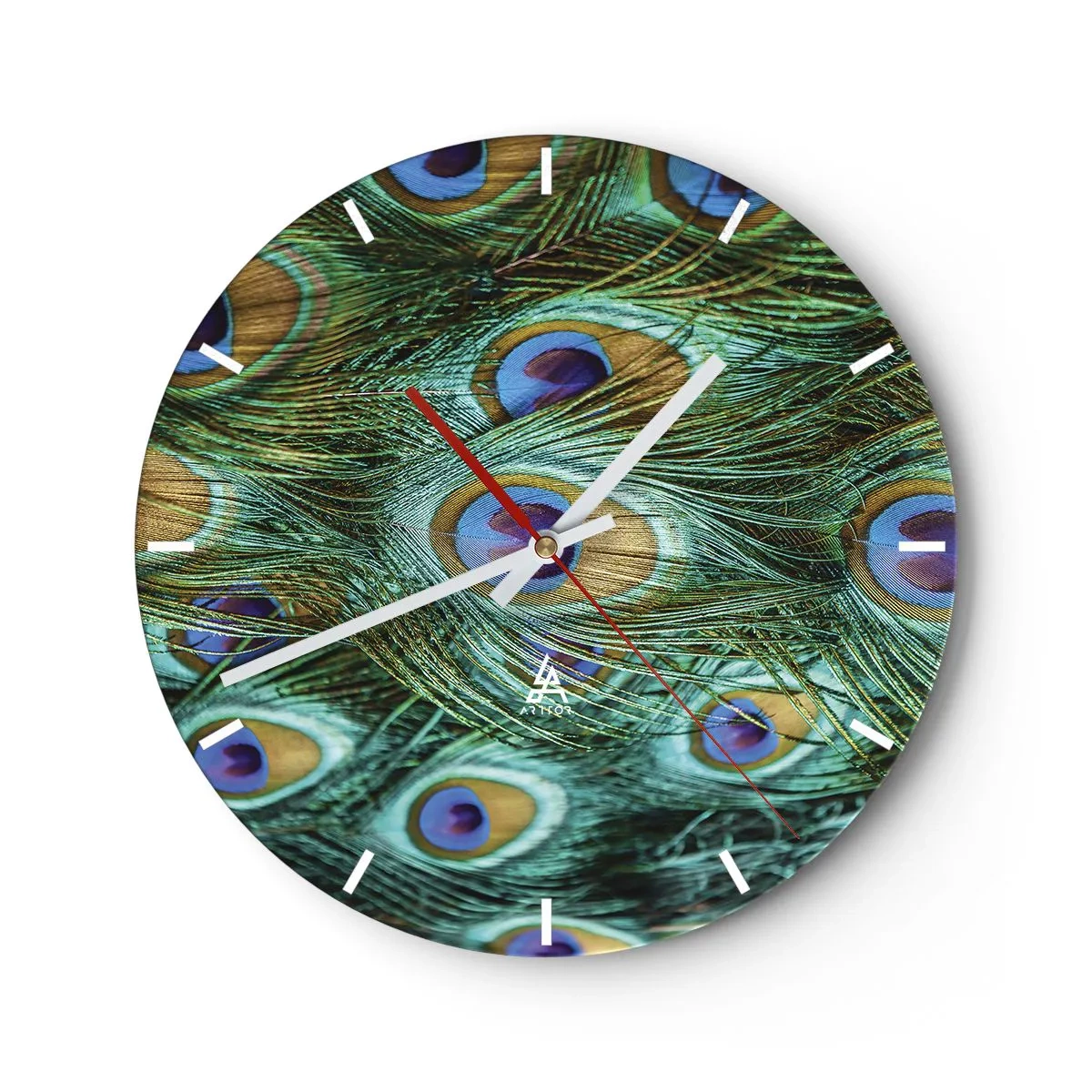 Ceas de perete - Ceas pe sticlă - Pene de păun în nuanțe de verde și albastru - 30x30cm - O privire cu ochi de păun - Decorațiune modernă pentru perete pentru living, bucătărie și dormitor ARTTOR