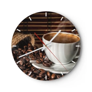 Ceas de perete - Ceas pe sticlă - ceașcă de cafea și boabe împrăștiate pe un fundal de bambus - 30x30cm - Negru de cărbune, transparență de chihlimbar - Decorațiune modernă pentru perete pentru living, bucătărie și dormitor ARTTOR