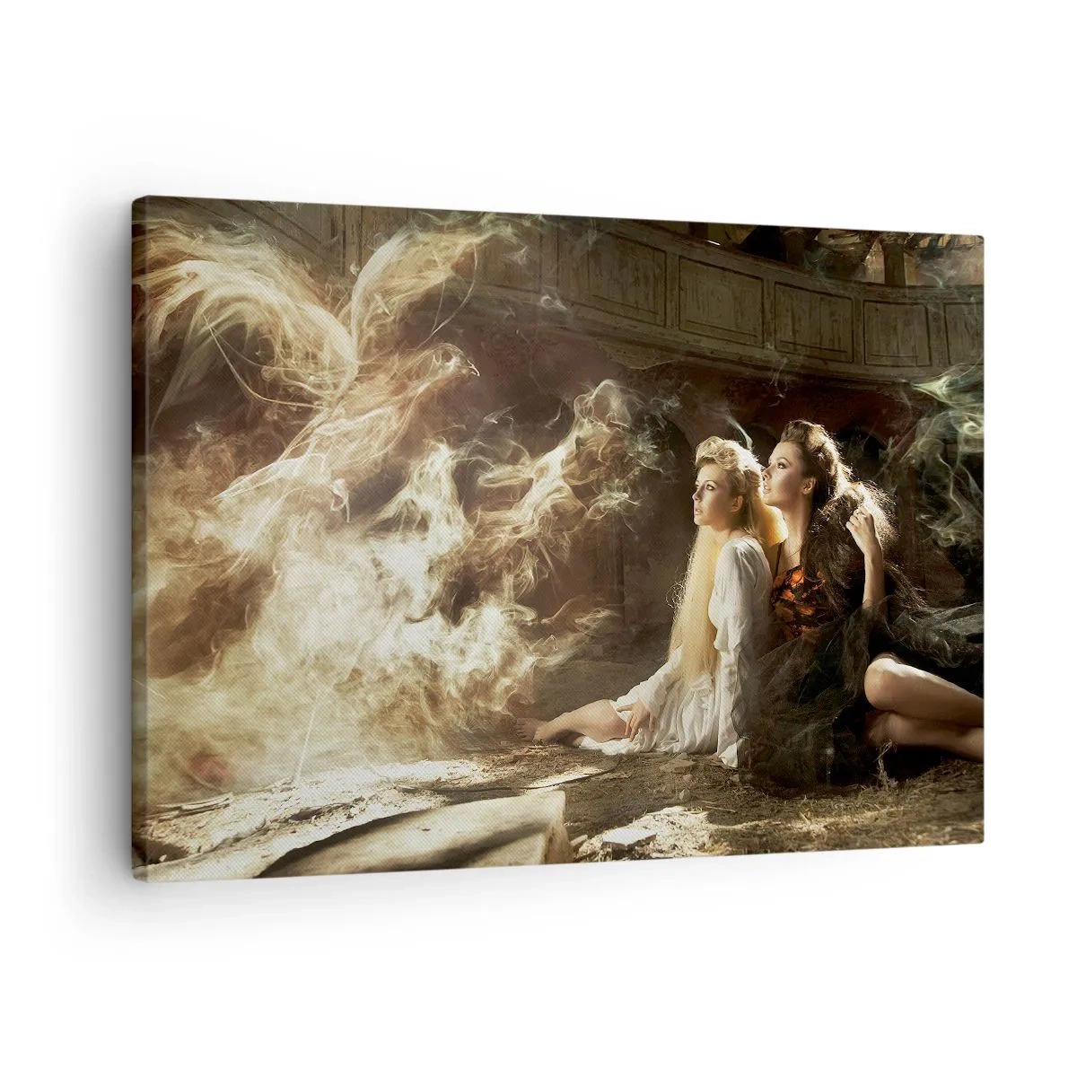Tablou pe pânză Canvas - Două femei într-un decor magic cu efecte de iluminare eterice. - 70x50cm - Și poezia s-a născut - Decorațiune modernă pentru perete pentru living și dormitor ARTTOR