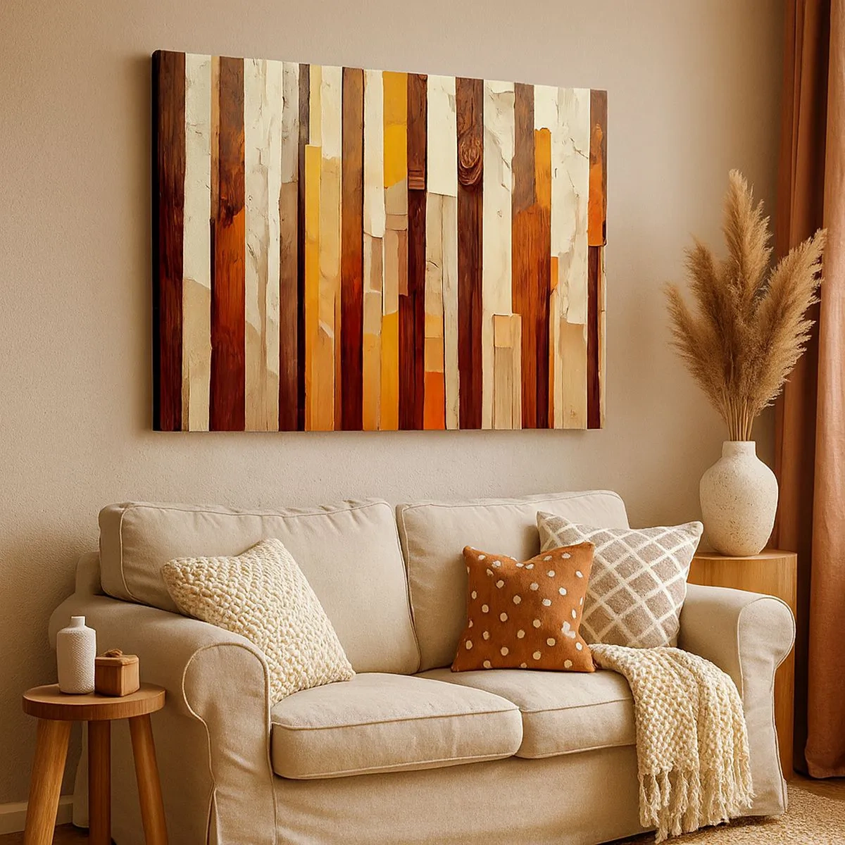 Tablou pe pânză Canvas - Compoziție geometrică în nuanțe de lemn și auriu - 70x50cm - Imnul copacilor din pădure - Decorațiune modernă pentru perete pentru living și dormitor ARTTOR