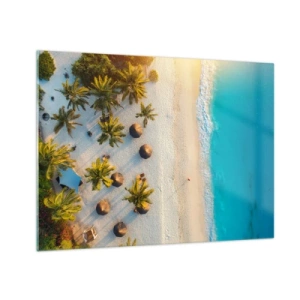 Tablou pe sticlă - Vedere aeriană a unei plaje tropicale cu palmieri și umbrele - 70x50cm - Bun venit în paradis - Decorațiune modernă pentru perete pentru living și dormitor ARTTOR