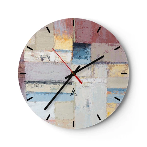 Ceas de perete - Ceas pe sticlă - Compoziție geometrică abstractă în culori pastelate - 30x30cm - Liniștea geometriei - Decorațiune modernă pentru perete pentru living, bucătărie și dormitor ARTTOR