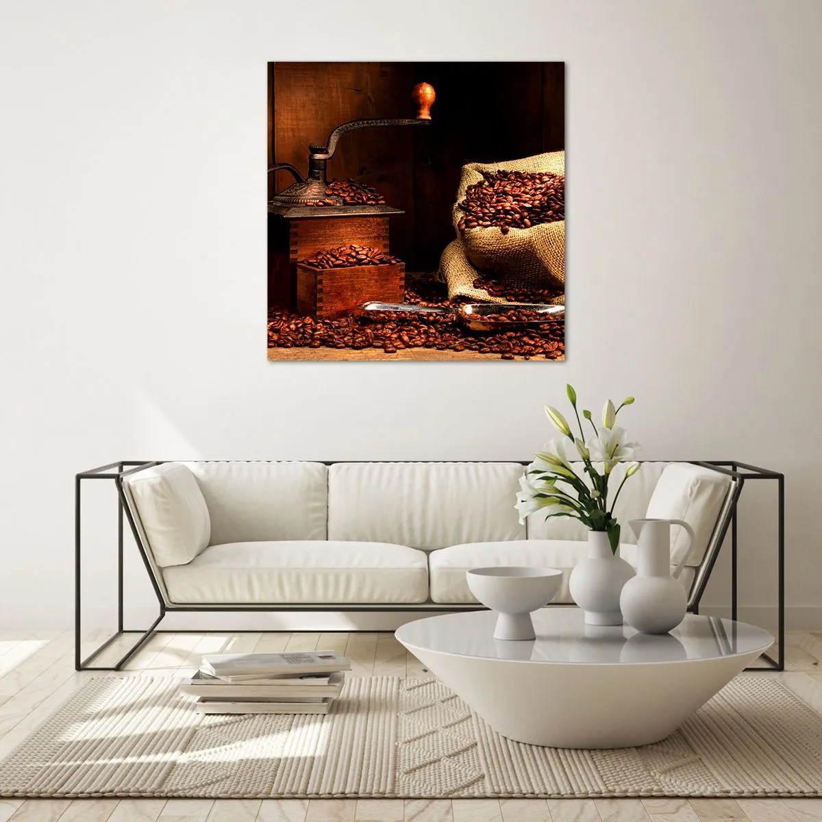 Tablou pe sticlă - Natură moartă cu boabe de cafea și măcinător - 70x70 cm