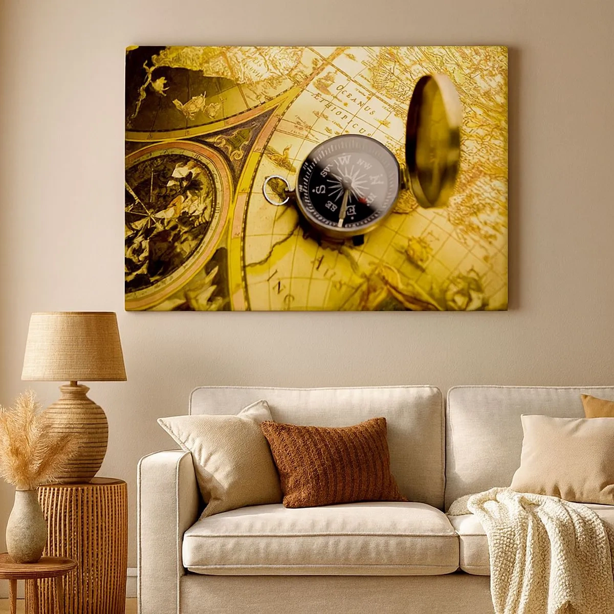 Tablou pe pânză Canvas - O busolă antică pe fundalul unei hărți vechi a lumii - 70x50cm - Sau poate până la capătul lumii? - Decorațiune modernă pentru perete pentru living și dormitor ARTTOR