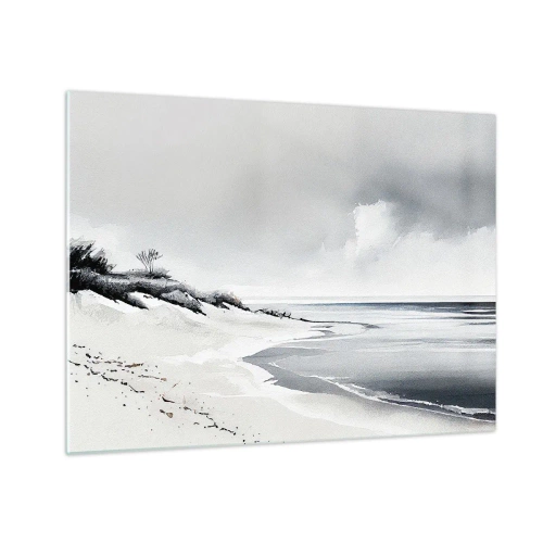 Tablou pe sticlă - Plajă alb-negru cu orizont și mare calmă - 70x50cm - Întotdeauna împreună - Decorațiune modernă pentru perete pentru living și dormitor ARTTOR