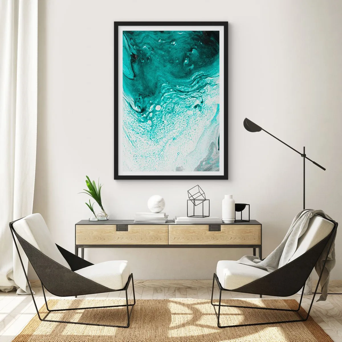 Poster în ramă neagră - Model abstract în turcoaz și alb - 50x70cm - Dizolvându-se în alb și turcoaz - Decorațiune modernă pentru perete pentru living și dormitor ARTTOR