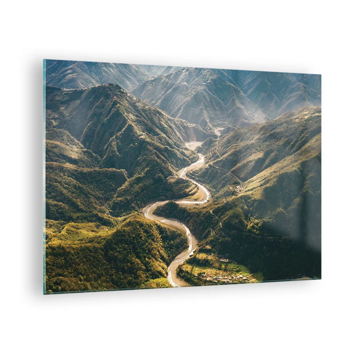 Tablou pe sticlă - Un drum șerpuitor șerpuiește prin văi verzi de munte - 70x50cm - Direct din inima munților - Decorațiune modernă pentru perete pentru living și dormitor ARTTOR