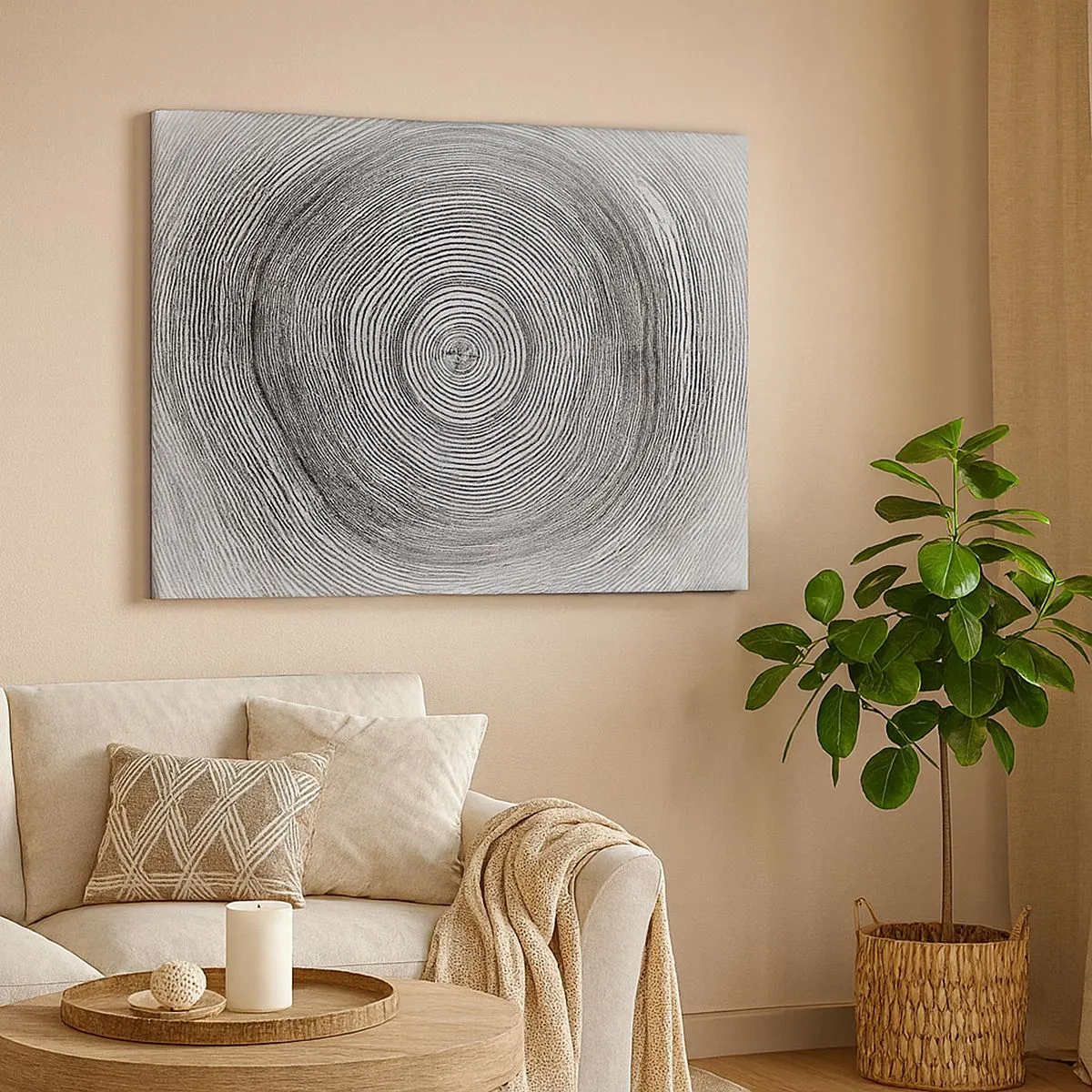 Tablou pe pânză Canvas - Model de inele de copac alb-negru care arată o secțiune transversală a trunchiului - 70x50cm - Un semn al vremurilor - Decorațiune modernă pentru perete pentru living și dormitor ARTTOR
