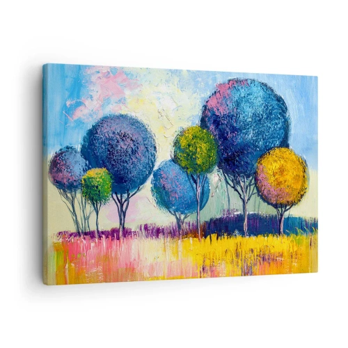 Tablou pe pânză Canvas - Copaci colorați în formă de sferă pe fundalul unui peisaj - 70x50cm - Sfera - forma unui ideal - Decorațiune modernă pentru perete pentru living și dormitor ARTTOR