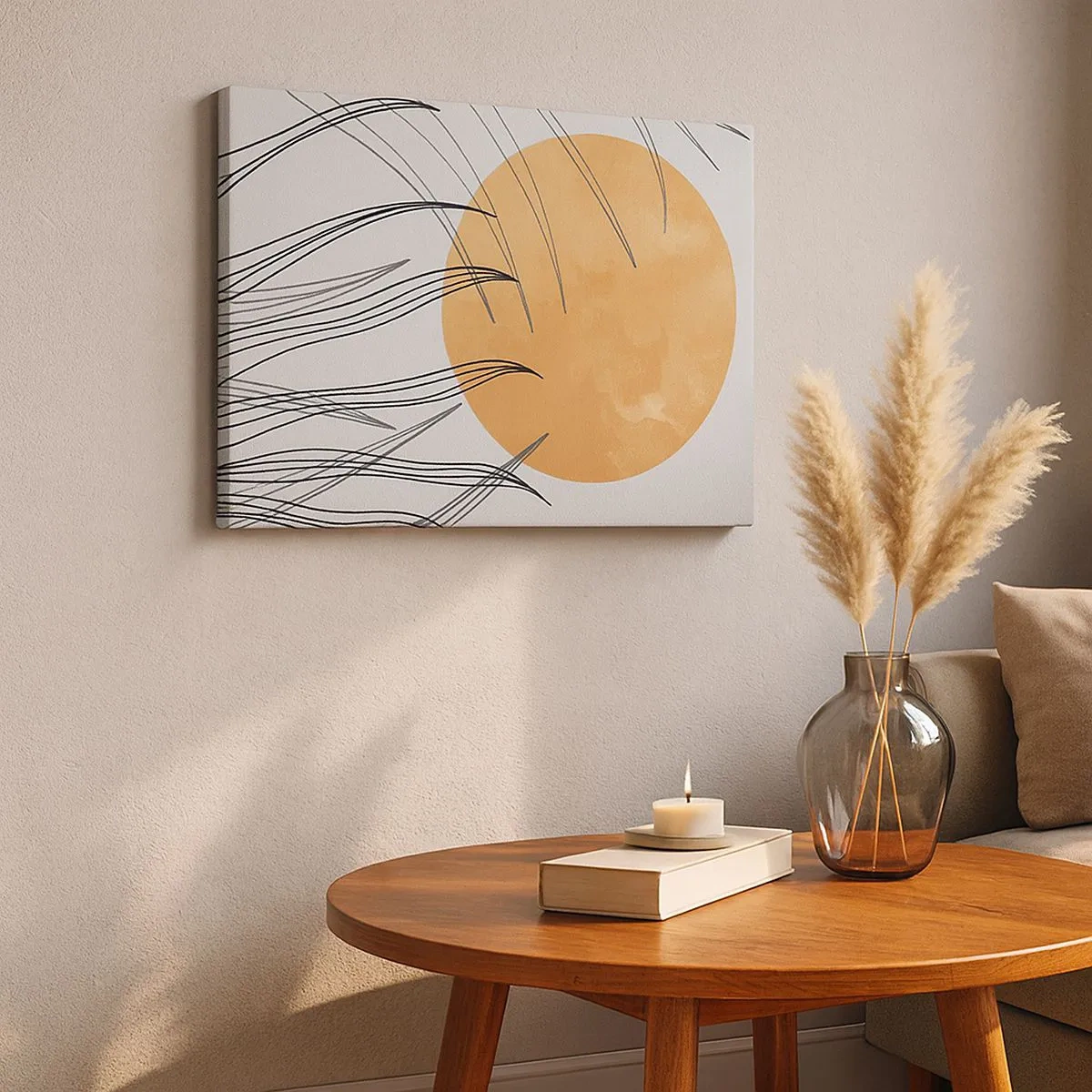 Tablou pe pânză Canvas - Fire abstracte de iarbă pe fundalul unui soare portocaliu mare - 70x50cm - Întotdeauna spre soare - Decorațiune modernă pentru perete pentru living și dormitor ARTTOR