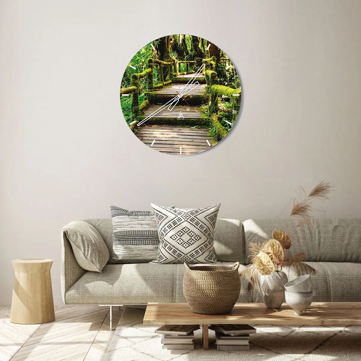 Ceas de perete - Ceas pe sticlă - O potecă de lemn într-o pădure tropicală acoperită cu mușchi - 30x30cm - Coridorul verde - Decorațiune modernă pentru perete pentru living, bucătărie și dormitor ARTTOR