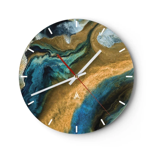 Ceas de perete - Ceas pe sticlă - Model abstract în nuanțe de albastru și auriu - 30x30cm - Albastru - galben - influență reciprocă - Decorațiune modernă pentru perete pentru living, bucătărie și dormitor ARTTOR
