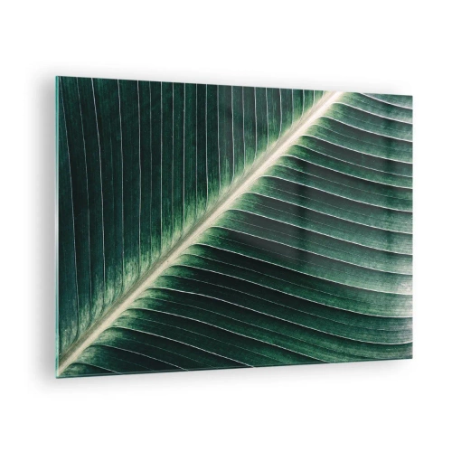 Tablou pe sticlă - Detaliu al unei frunze de bananier într-o nuanță intensă de verde - 70x50cm - Ritmul naturii - Decorațiune modernă pentru perete pentru living și dormitor ARTTOR