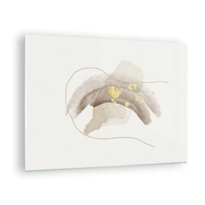 Tablou pe sticlă - Abstracție bej și aurie cu linii și forme delicate - 70x50cm - Întâlnite în spațiu - Decorațiune modernă pentru perete pentru living și dormitor ARTTOR