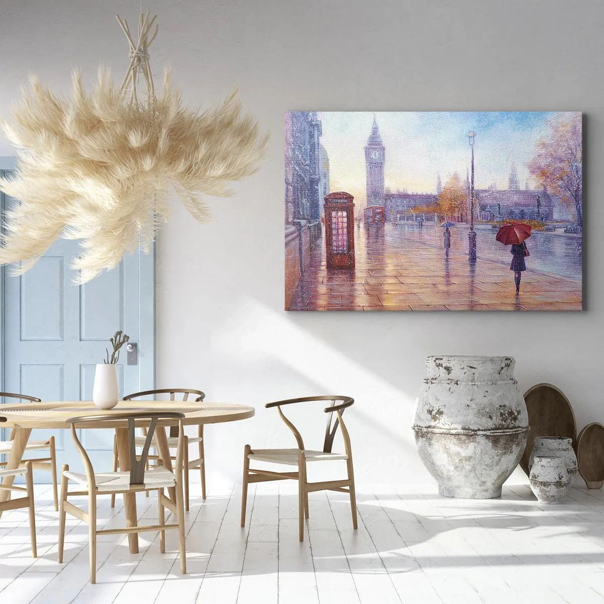 Tablou pe pânză Canvas - Stradă din Londra cu Big Ben într-o zi ploioasă - 70x50cm - O zi de toamnă londoneză - Decorațiune modernă pentru perete pentru living și dormitor ARTTOR