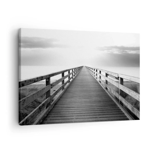 Tablou pe pânză Canvas - imagine alb-negru a unui debarcader din lemn care duce spre orizont. - 70x50cm - Departe, departe... - Decorațiune modernă pentru perete pentru living și dormitor ARTTOR