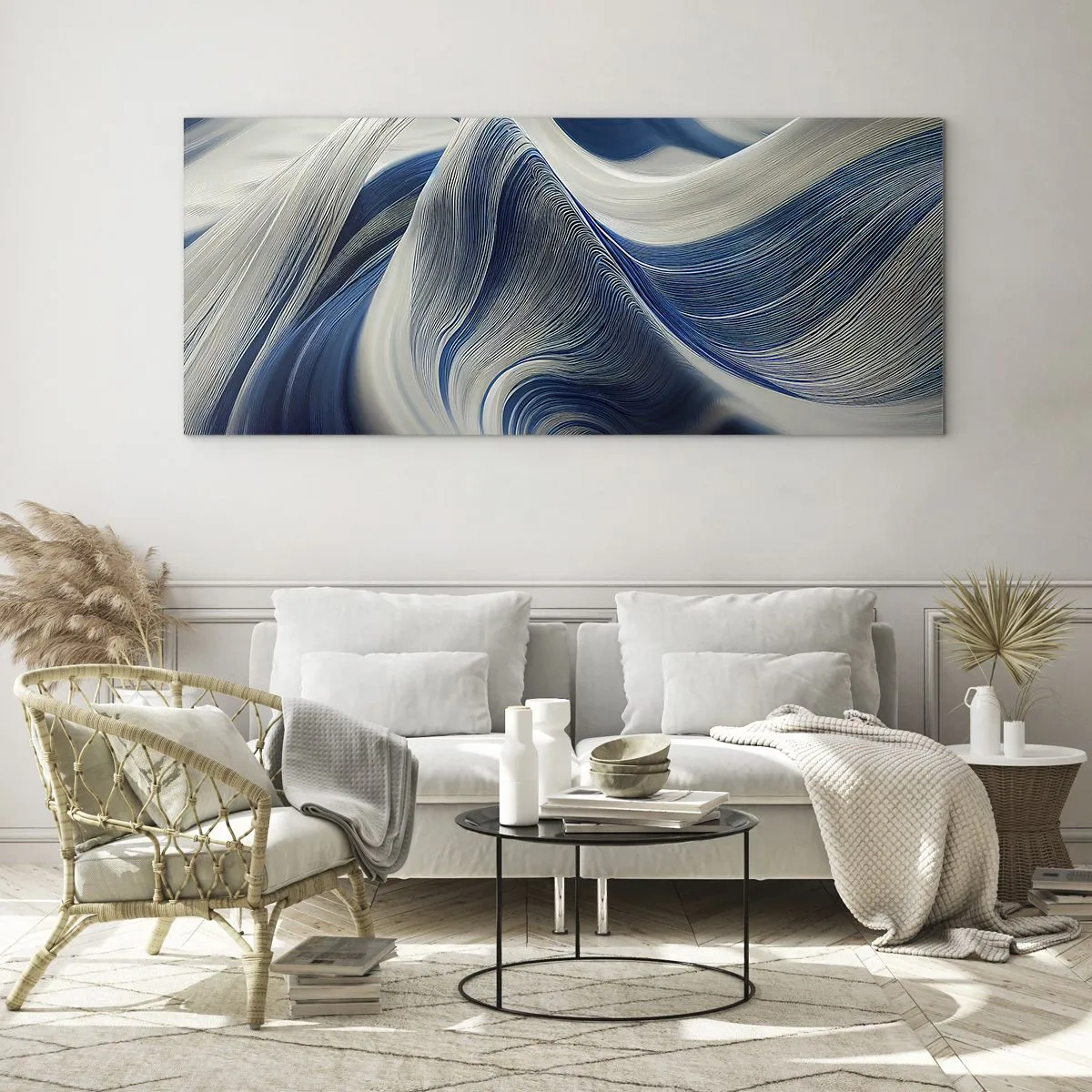 Tablou pe sticlă - Fluiditate de albastru și alb - 100x40 cm