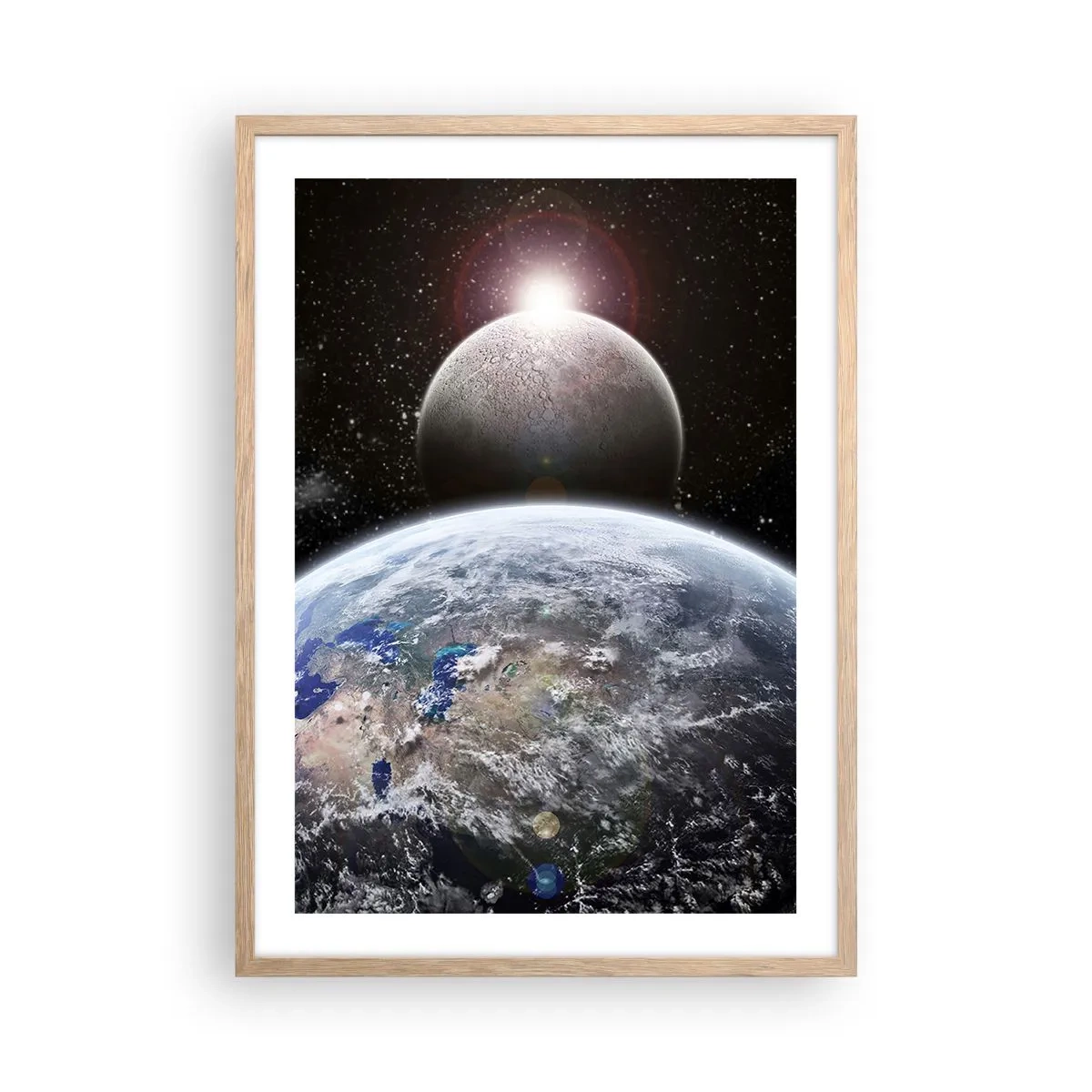 Poster în ramă de stejar deschis - Peisaj cosmic - răsărit de soare - 50x70 cm