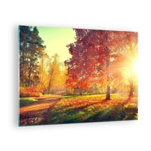 Tablou pe sticlă - Alee de toamnă cu raze de soare - 70x50cm - Roșcatul este frumos - Decorațiune modernă pentru perete pentru living și dormitor ARTTOR