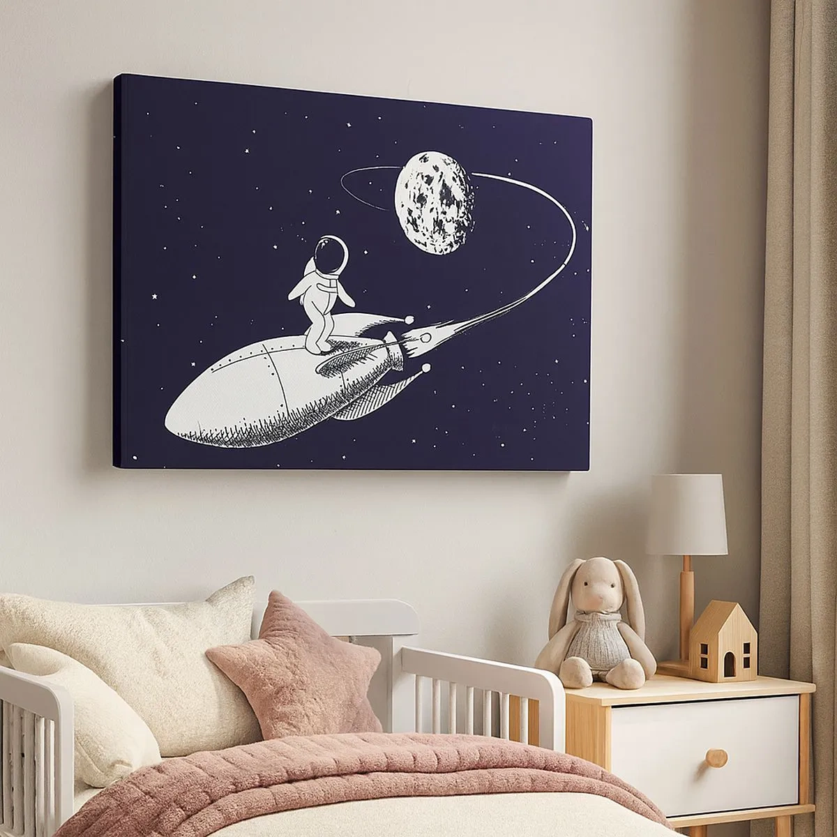 Tablou pe pânză Canvas - Astronautul pe o rachetă în spațiu - 70x50cm - Surfer spațial - Decorațiune modernă pentru perete pentru living și dormitor ARTTOR