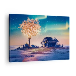 Tablou pe pânză Canvas - O casă și un copac înflorit sub cerul nopții - 70x50cm - Natura nu trece - Decorațiune modernă pentru perete pentru living și dormitor ARTTOR