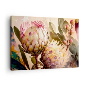 Tablou pe pânză Canvas - Flori colorate de protea pe un fundal delicat - 70x50cm - Îmbrățișare cu tandrețe - Decorațiune modernă pentru perete pentru living și dormitor ARTTOR