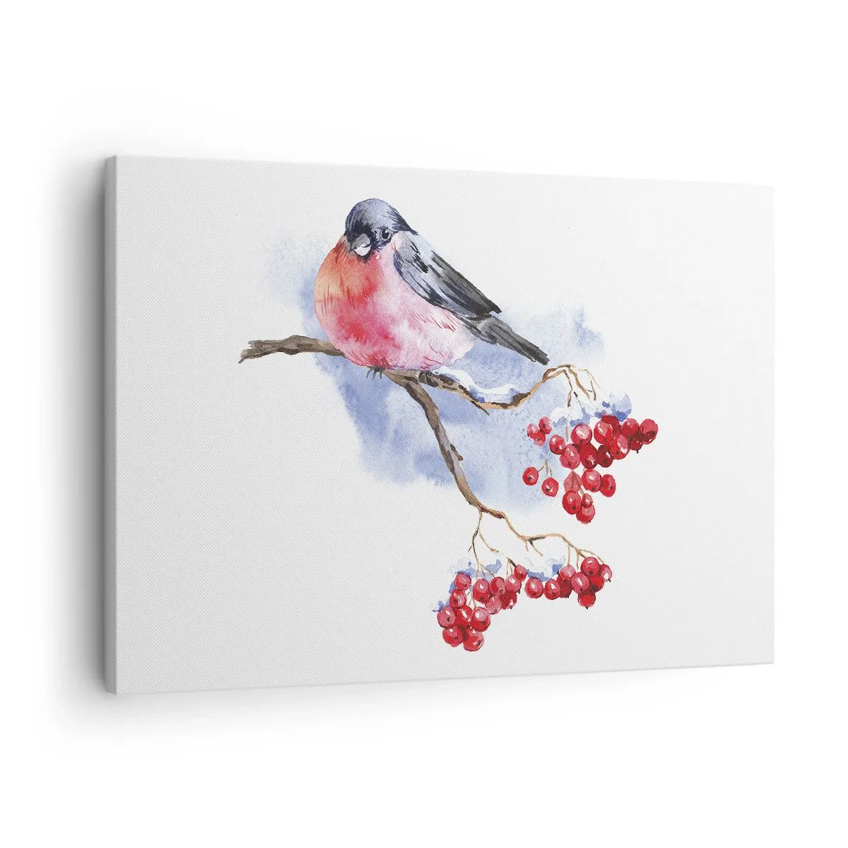 Tablou pe pânză Canvas - Pasăre pe o ramură cu fructe roșii în fundalul acuarelei - 70x50cm - Iarna în culori - Decorațiune modernă pentru perete pentru living și dormitor ARTTOR