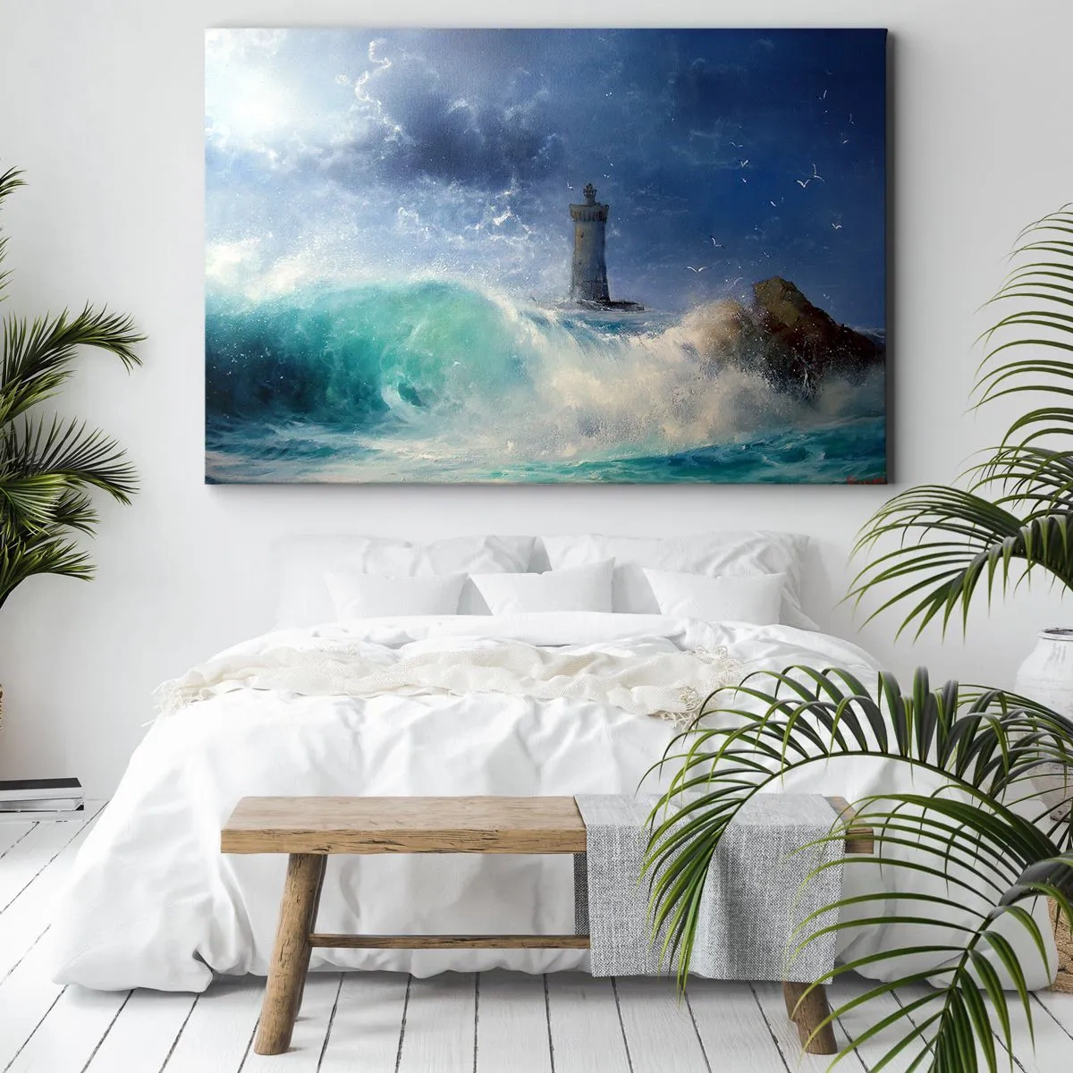 Tablou pe pânză Canvas - Un far înconjurat de valuri agitate și nori - 70x50cm - La veghe împotriva elementelor - Decorațiune modernă pentru perete pentru living și dormitor ARTTOR