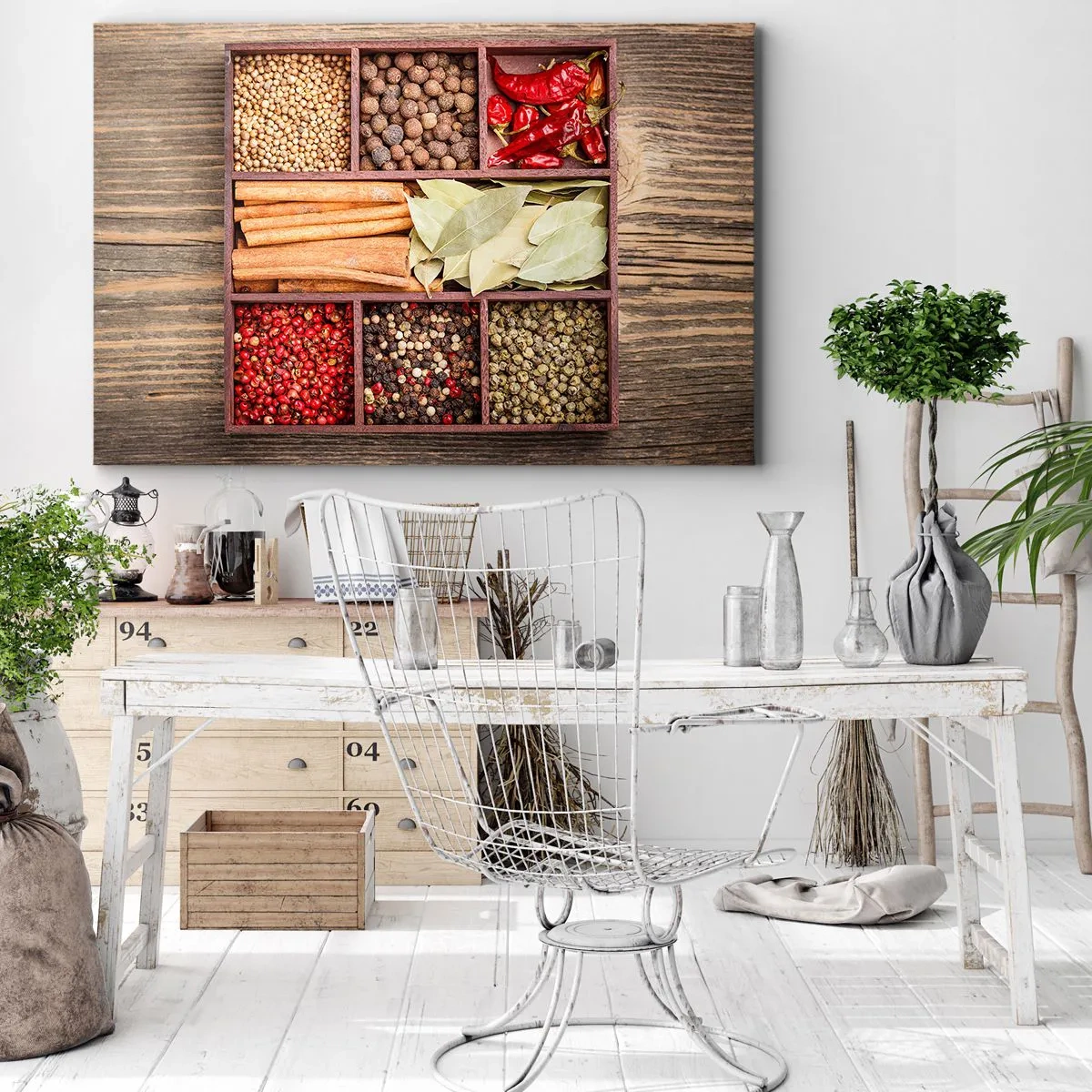 Tablou pe pânză Canvas - Cutie de lemn cu diverse condimente în compartimente - 70x50cm - Ordine de forme, buchet de arome - Decorațiune modernă pentru perete pentru living și dormitor ARTTOR