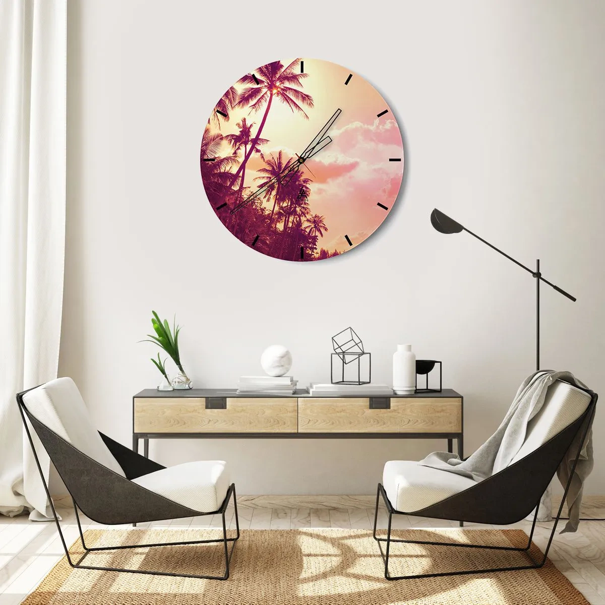 Ceas de perete - Ceas pe sticlă - Palmieri pe cer la apus - 30x30cm - Trebuie să alegeți - Decorațiune modernă pentru perete pentru living, bucătărie și dormitor ARTTOR