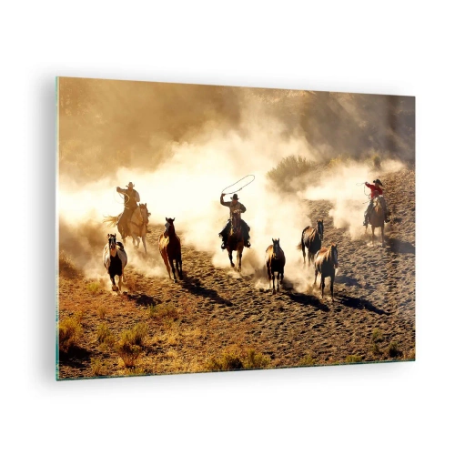 Tablou pe sticlă - Cowboy călare în praf la un rodeo - 70x50cm - Un vest cu adevărat sălbatic - Decorațiune modernă pentru perete pentru living și dormitor ARTTOR