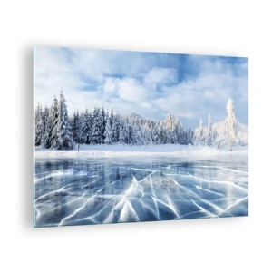 Tablou pe sticlă - Un lac înghețat înconjurat de o pădure de iarnă - 70x50cm - O priveliște orbitoare și cristalină - Decorațiune modernă pentru perete pentru living și dormitor ARTTOR