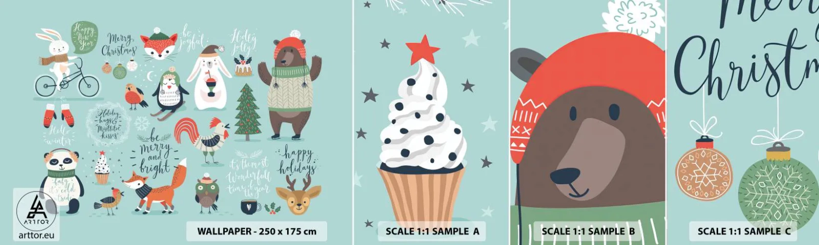 Mostră de Tapet Standard Eco - Să nu se termine niciodată Crăciunul! - Pentru copii, Iarnă, Animale Fericite - 100x30 cm