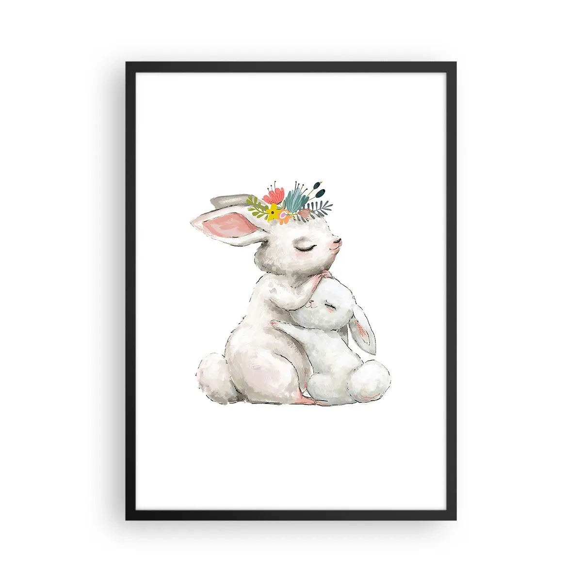 Poster în ramă neagră - Doi iepurași îmbrățișați cu o coroană de flori pe cap - 50x70cm - Ca la mama - Decorațiune modernă pentru perete pentru living și dormitor ARTTOR